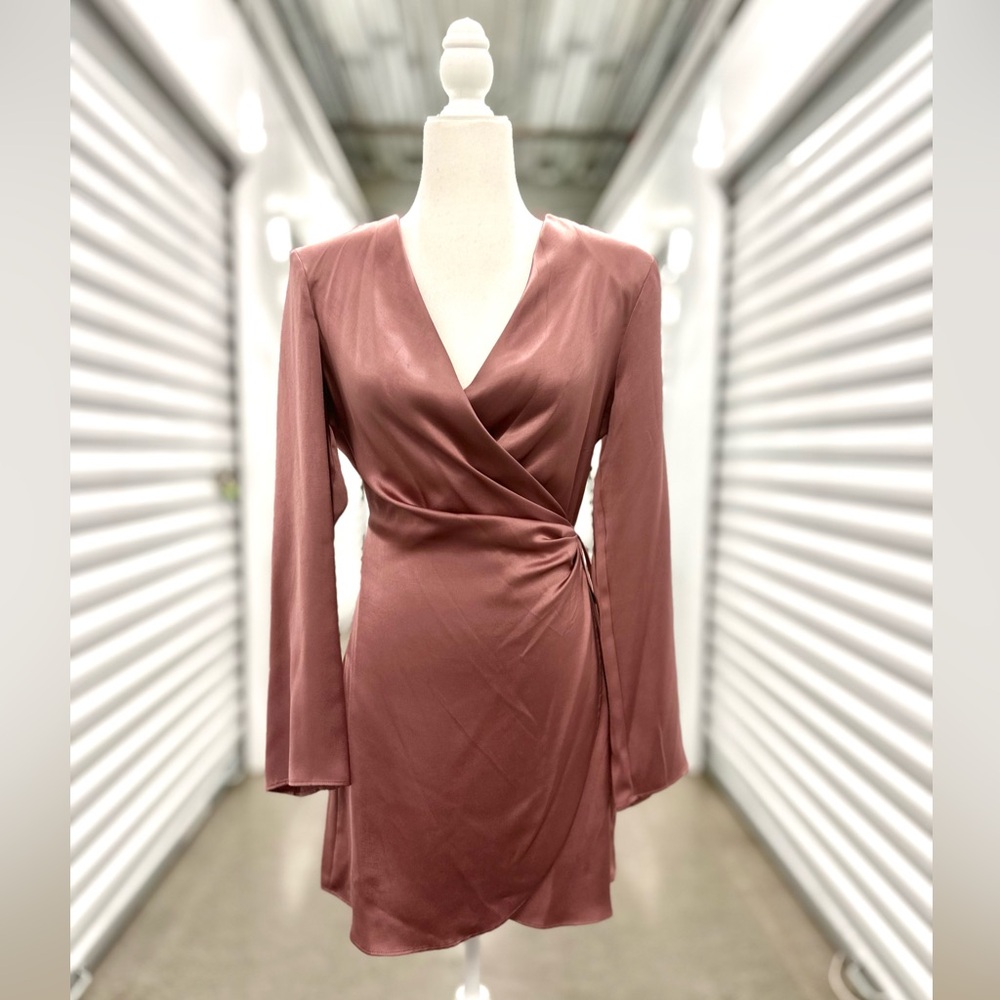 NWT - Mango - Satin Long Sleeve Wrap Dress in Rose Pink - 6